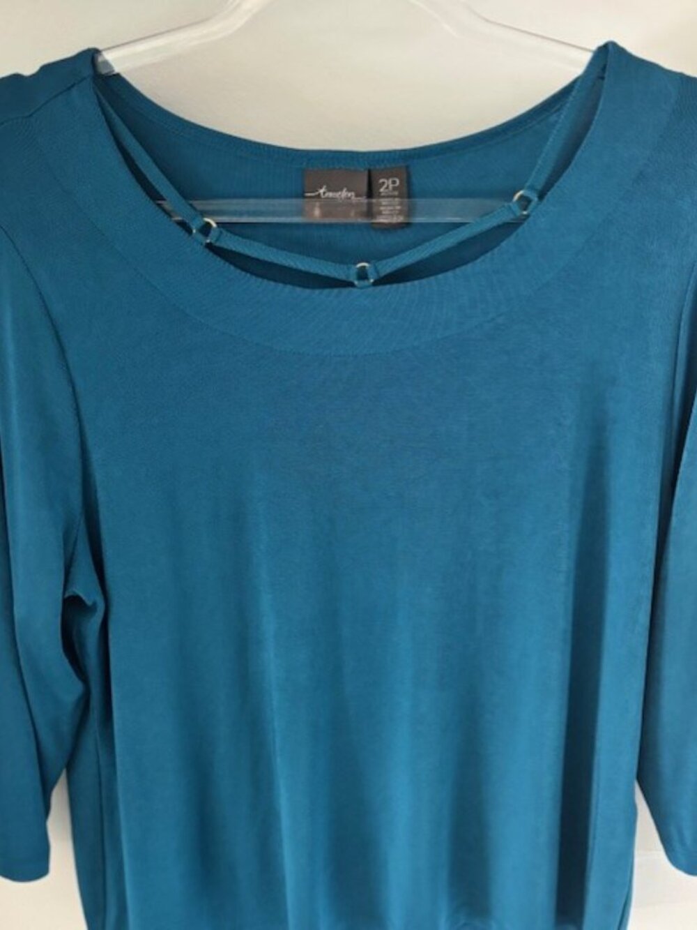 Chico’s Travelers 2P Petite Teal Ladder Front Knit Top Blouse Casual Stretch